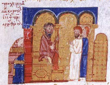 Michel Ier Crulaire sur le trne patriarcal, miniature du manuscrit madrilne de la Chronique de Jean Skylitzs